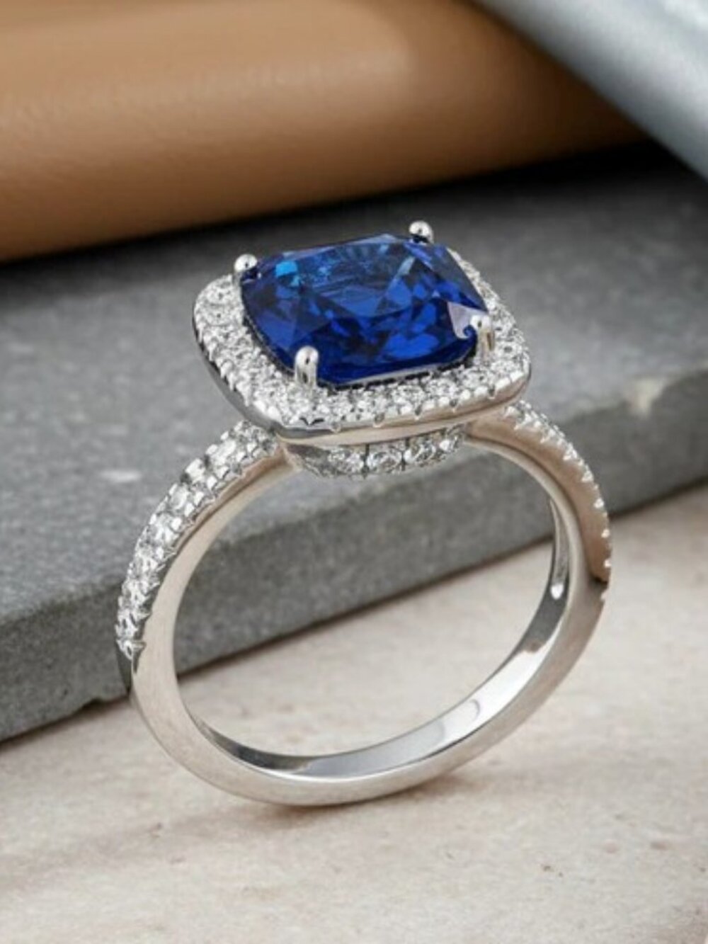 925 STERLING SILVER Cushion Cut Blue Spinel & Cubic Zirconia Halo Ring - Picture 13 of 16